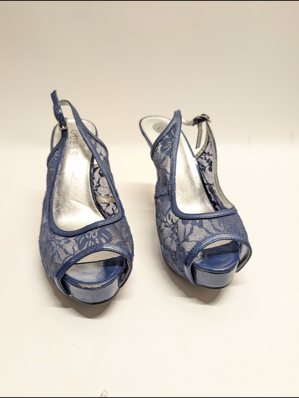 Guess Navy Lace Peep-Toe Slingback Heels